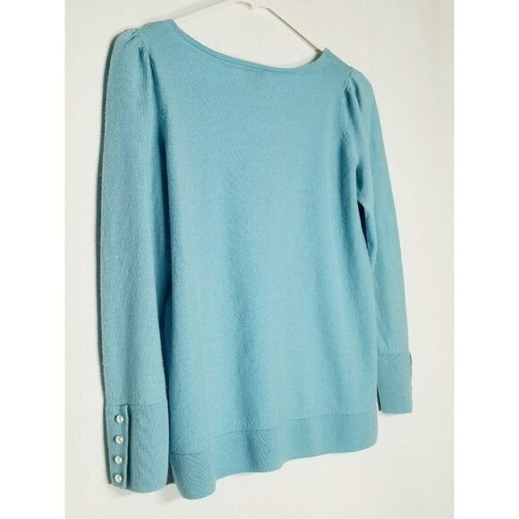 Talbots Gathered Shoulder Blue Merino‎ Wool Sweater Pearl Buttons at Cuffs Sz XP - Picture 11 of 16